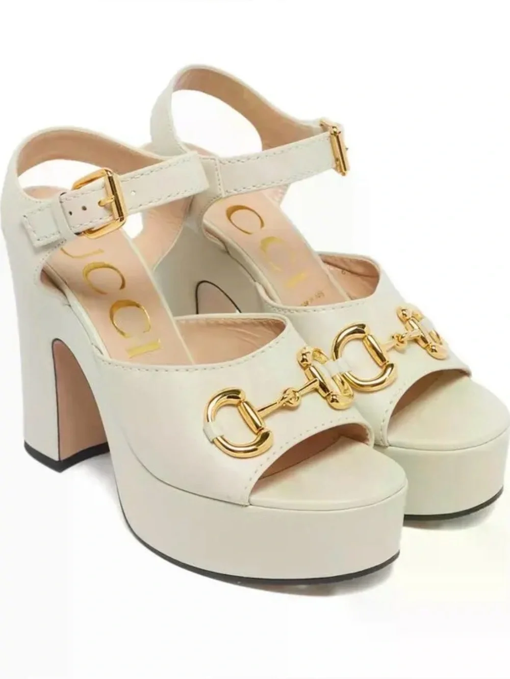 NEW Gucci White Mystic Leather Platform Sandals with Gold Horsebit Detail EU 41